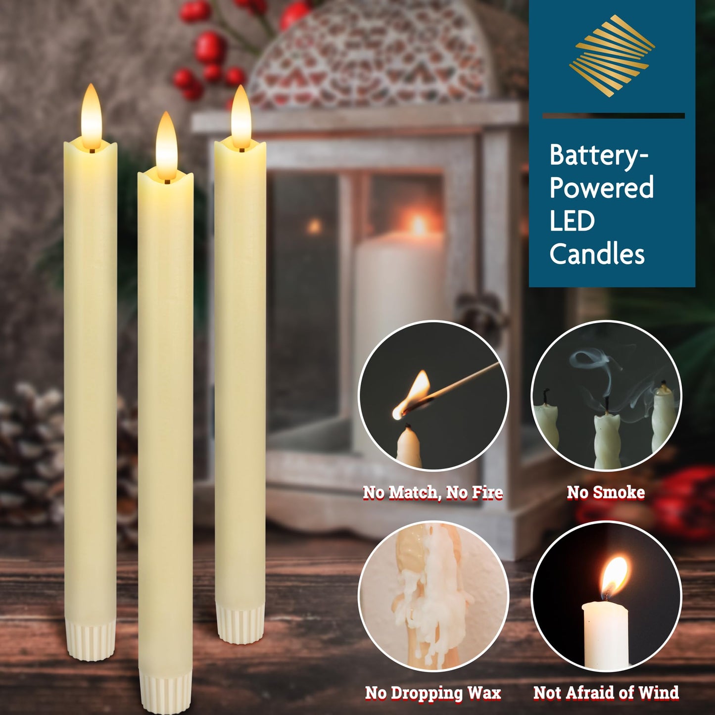 SEHNSY Flameless Taper Candles with Remote, Real Wax Battery Operated LED Candles with 3D Flickering Flame, 9.6" 3PCS Ivory Realistic Dripless Candlesticks for Home Wedding Decor, Mother's Day Gifts
