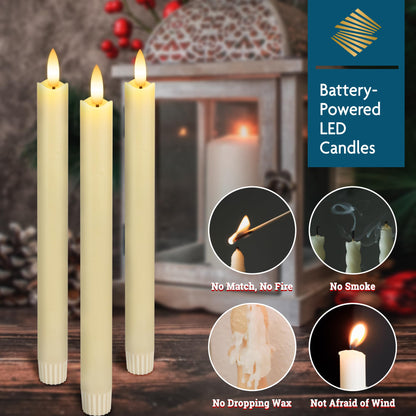 SEHNSY Flameless Taper Candles with Remote, Real Wax Battery Operated LED Candles with 3D Flickering Flame, 9.6" 3PCS Ivory Realistic Dripless Candlesticks for Home Wedding Decor, Mother's Day Gifts