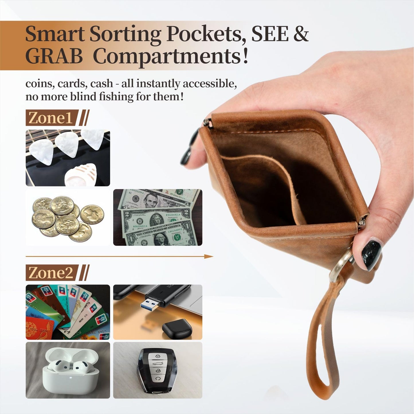 Leather Coin Purse with Wristlet, Aesthestyle Coin Pouch with Dual Interlayer, Card and Change Holder, Easy Clip on without Zipper, Squeeze Coin Wallet, Handmade Genuine Leather Wallet For Men/Women