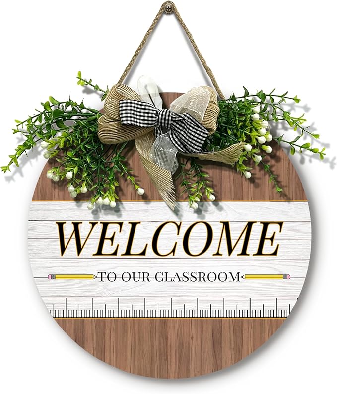 Welcome Sign for Classroom Door Welcome to Our Classroom front Door Sign with Wreath Teacher Round Hanging Wooden Plaque with Bow Decoration Welcome Back to School Wall Signs Porch 12×12 Inch