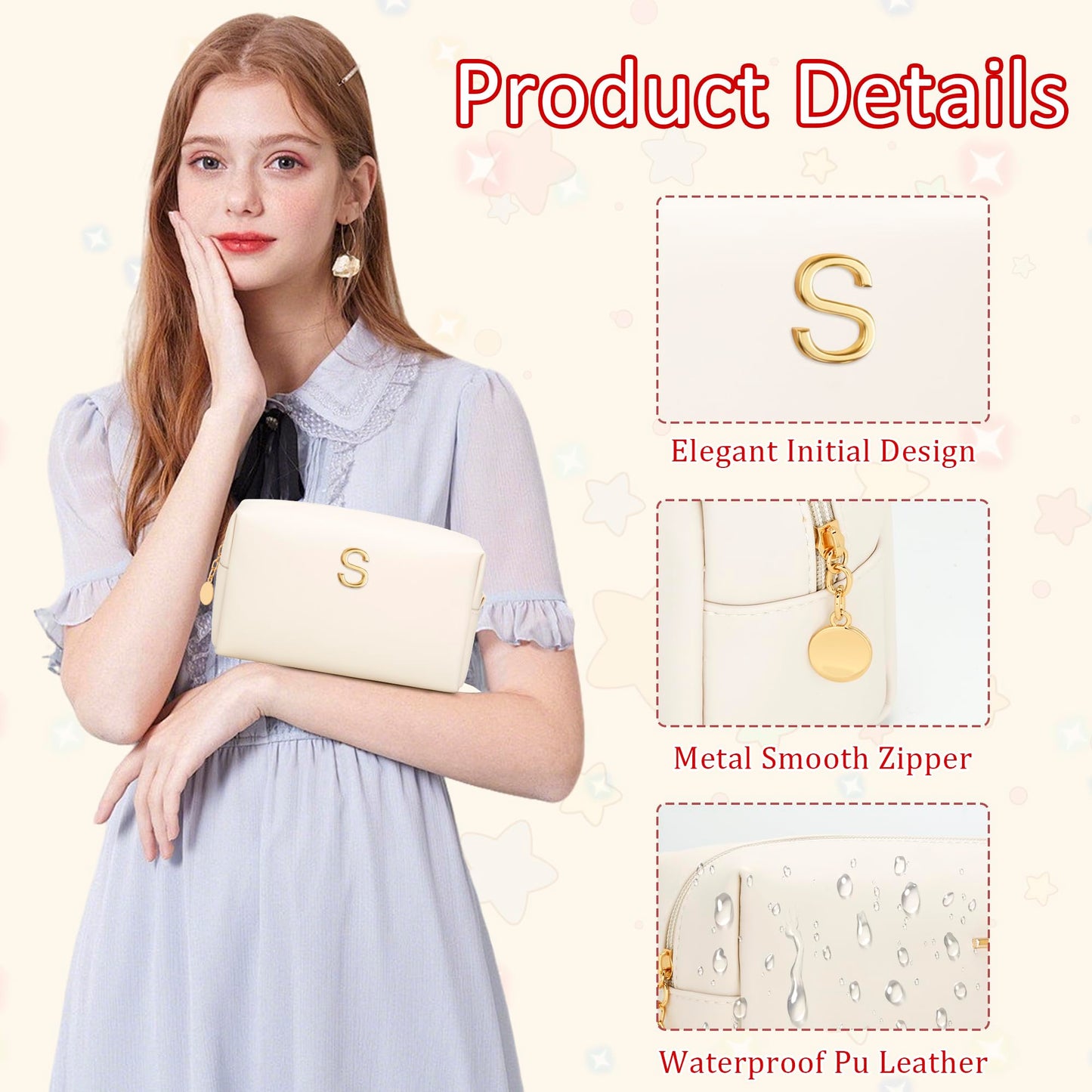 CLOUDWINGS Gifts for Women Bridesmaid Gifts Personalized Initial Makeup Bag PU Leather Cosmetic Waterproof Travel Toiletry Bag (Beige S)
