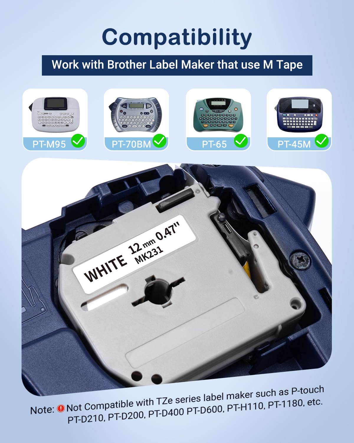 10 Pack M-K231 Label Tape Compatible with M-K231s Brother P Touch M Tape 12mm 0.47 White MK231 M231 M-231 Work for Brother PTM95 PT-M95 PT-65 PT-45 PT-80 PT-70 PT-90 Label Maker Refills