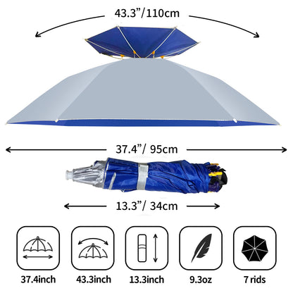 NEW-Vi Fishing Umbrella Hat Folding Adjustable Sun Rain Cap, 37.4”Oversize Hands Free Umbrellas, 7-Ribs Anti-UV Waterproof Headwear for Fishing Gardening Golf Sunshade Outdoor (Silver)