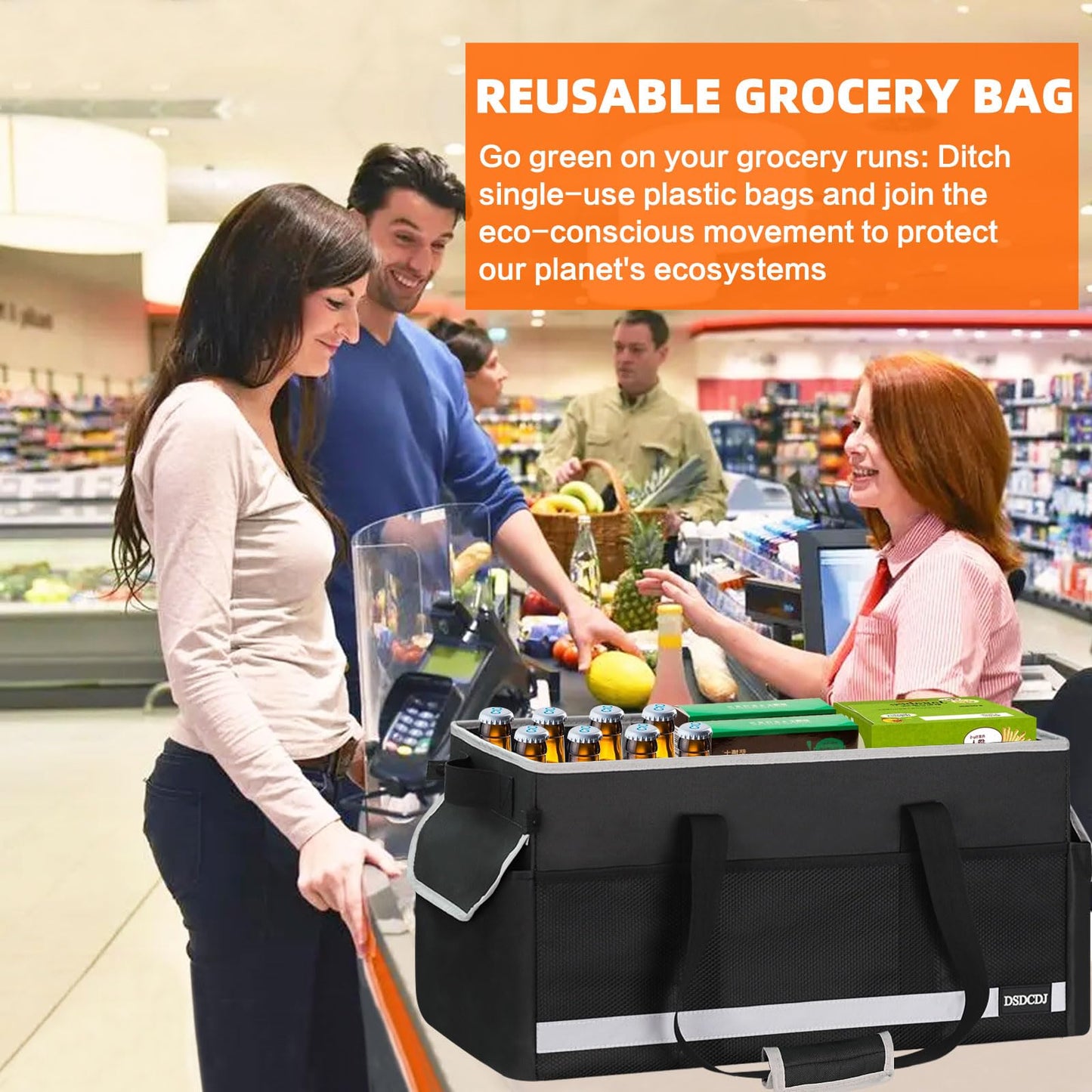 DSDCDJ Upgrade Extra Large Utility Tote Bag with Reflective Strip, Standing Reusable Grocery Bags with Hard Bottom & 4 Sided Reinforced, Collapsible Utility Tote with Handles for Shopping, Beach, Car