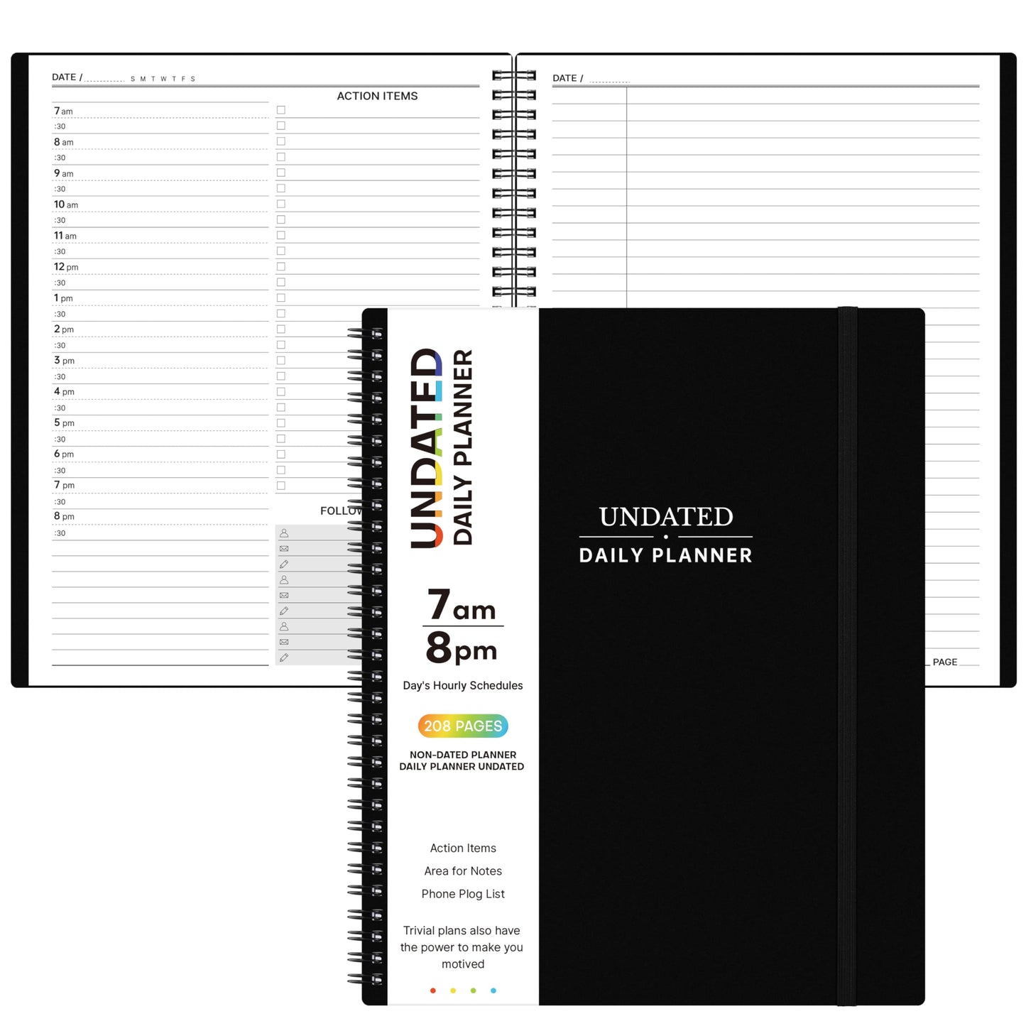 Daily Planner Undated - Spiral Appointment Planners, 208 Pages, 8.8" x 11", Daily Planner with Hourly Schedules, Appointment Book for Man/Women, Inner Pocket, Elastic Closure