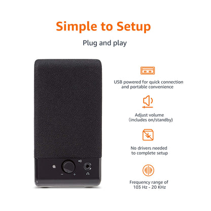 Amazon Basics USB-Powered Computer Speakers for Desktop or Laptop PC with Volume Control, Plug-N-Play, Black