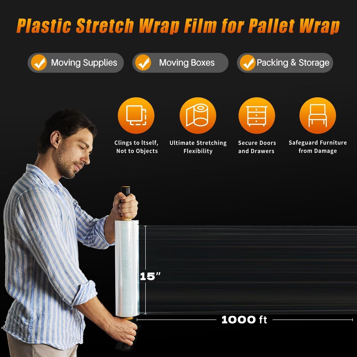 Stretch Film Shrink Wrap for Moving Supplies (15inch, 2 Pack) x 1000ft, Industrial Strength Plastic Wrap Stretch Roll for Pallet Wrapping Shipping Moving Boxes Storage Furniture with Handles, Clear