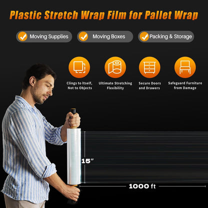 Stretch Film Shrink Wrap for Moving Supplies (15inch, 2 Pack) x 1000ft, Industrial Strength Plastic Wrap Stretch Roll for Pallet Wrapping Shipping Moving Boxes Storage Furniture with Handles, Clear