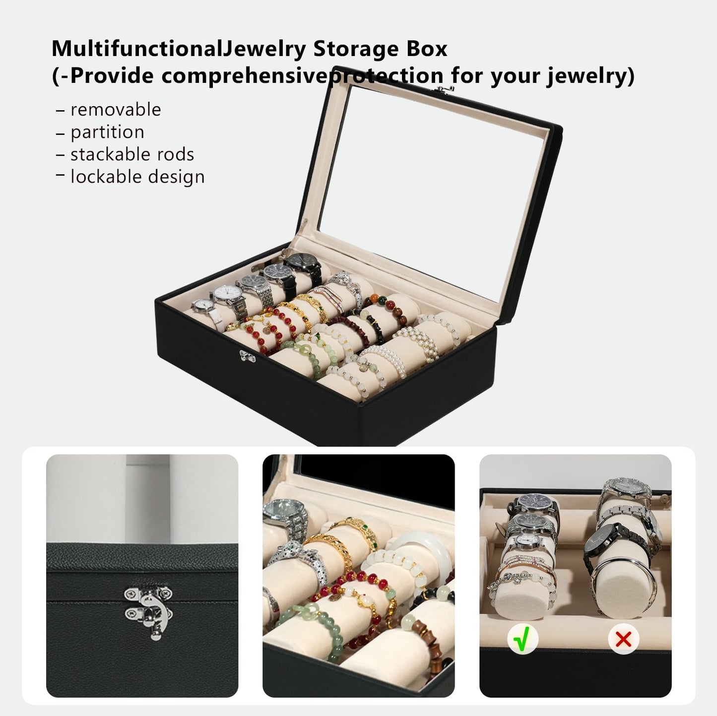 OrizeGe Jewelry Box with Glass Lid Bracelet Holder PU Leather for 4 Horizontal Rods Beige Velvet Watch Case for Women