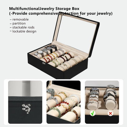 OrizeGe Jewelry Box with Glass Lid Bracelet Holder PU Leather for 4 Horizontal Rods Beige Velvet Watch Case for Women