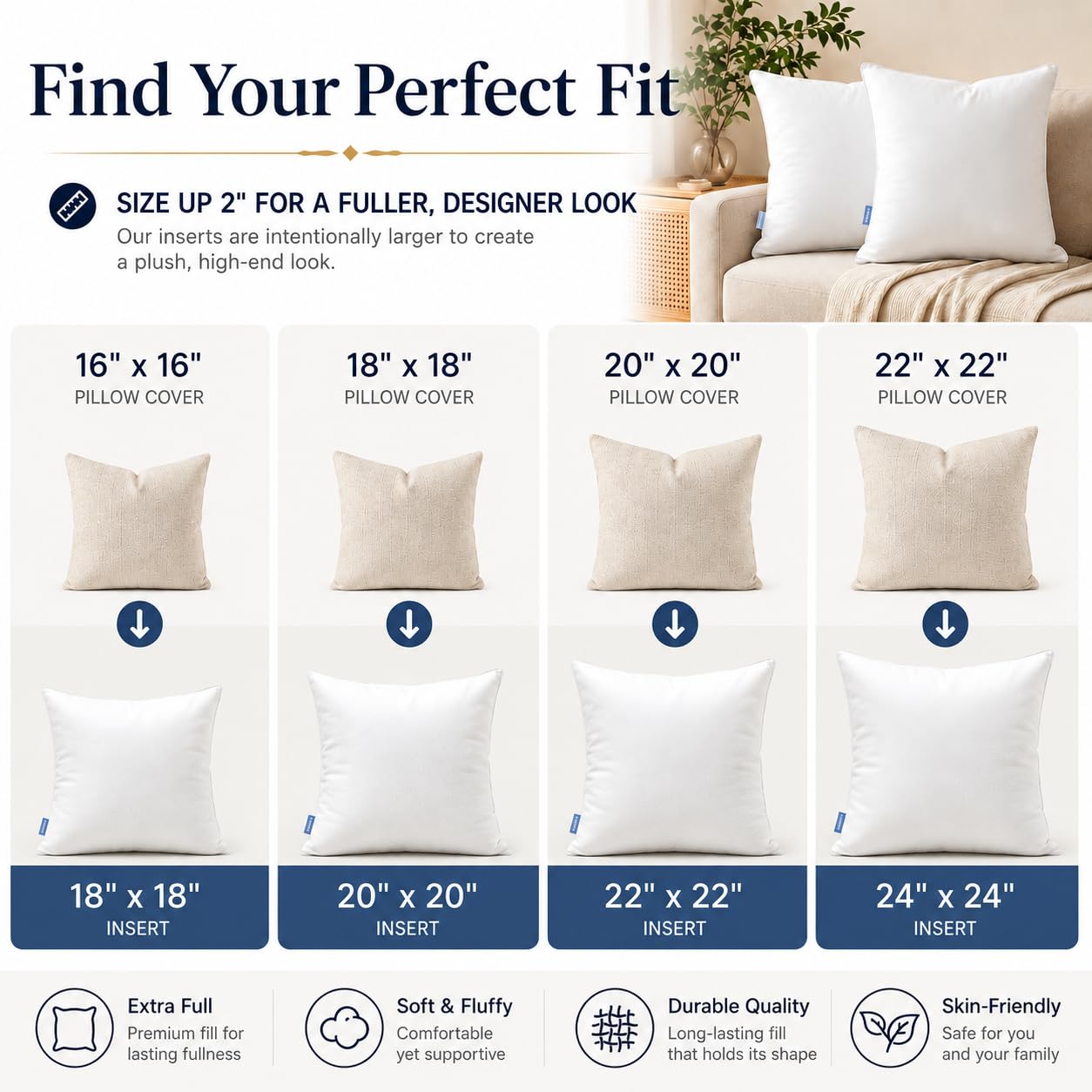 Leeden 20 x 20 Pillow Inserts (Set of 2) - Throw Pillow Inserts with 100% Cotton Cover - 20 Inch Square Decorative Pillows for Sofa, Couch, Bed and Home Decor