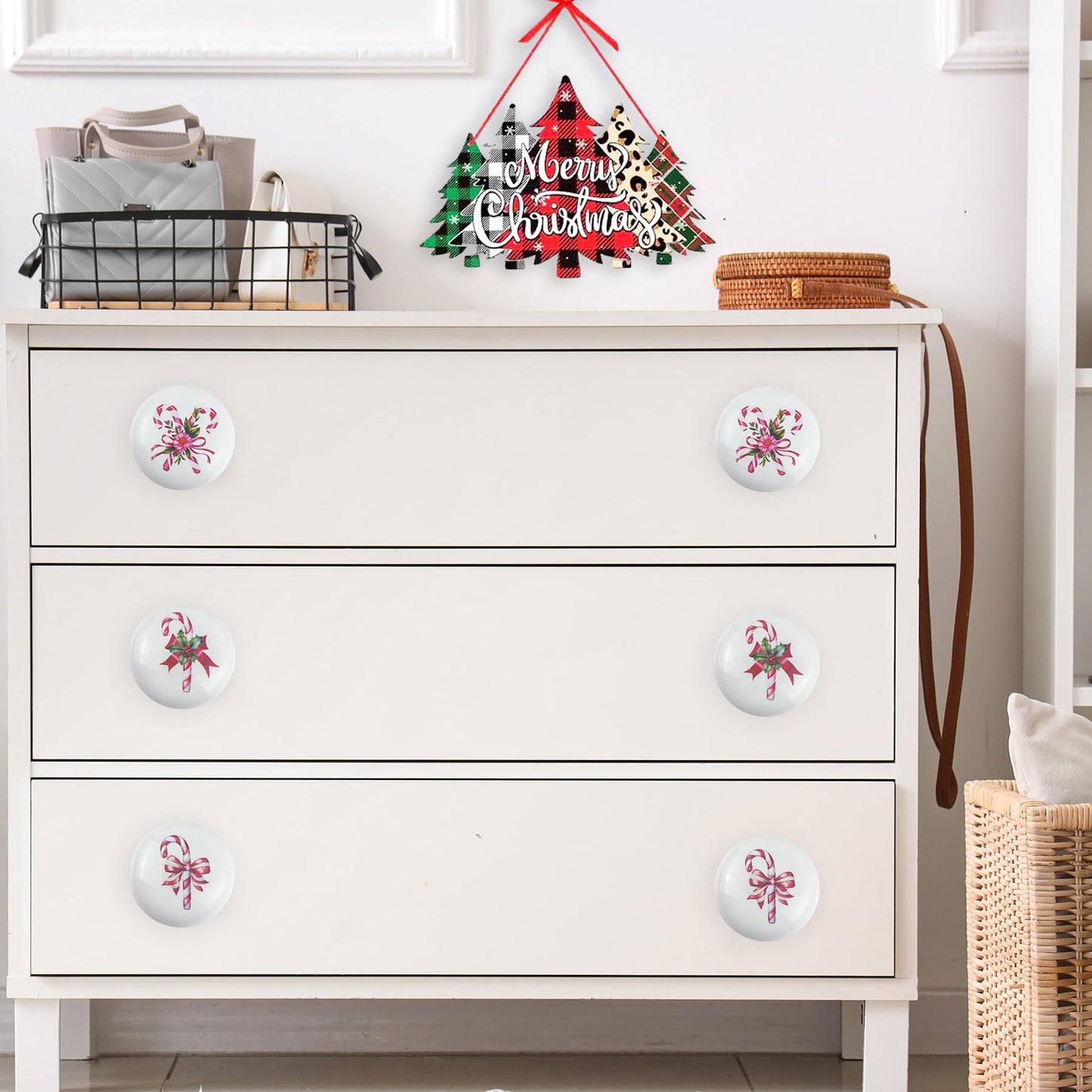 Lasyman 8Pack 1.5" Ceramic Christmas Holiday Peppermint Candies Cabinet Door Candy Cane Knob Covers Decorative Drawer Knobs