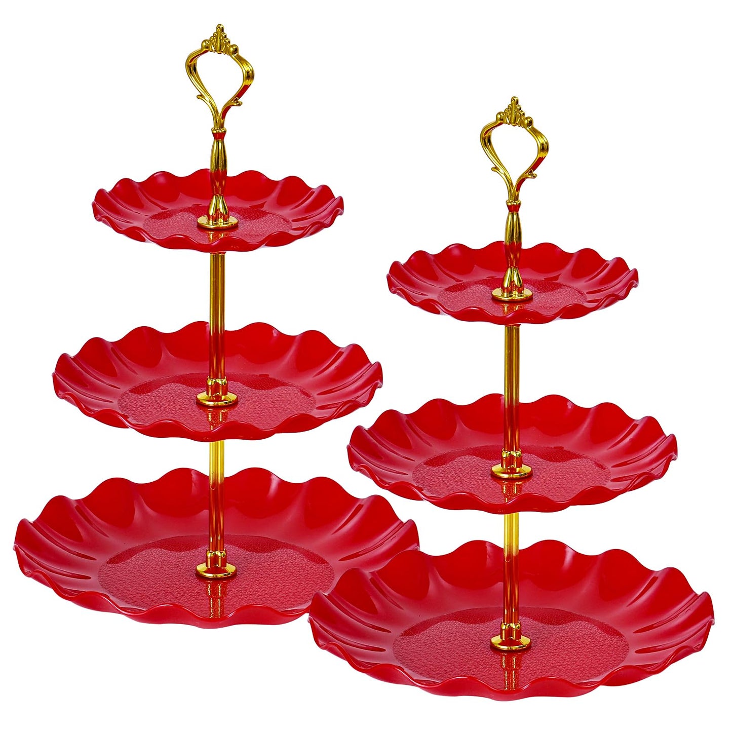 Soleebee 3-Tier Cupcake Stand, Wavy Plastic Tiered Serving Tray, Cup Cake Tower for Birthday Wedding Party Decoration, Cupcake Tier Stand Fruits Desserts Display 2 Pack (Red)