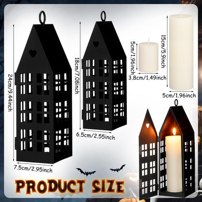 SiliFine 2 Set Christmas Black Houses Decor with 2 Pcs Candles Village Metal Modern Farmhouse Lantern Decorative for Christmas, Home, Tabletop, Fireplace Shelf Decor
