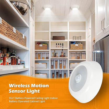 DLLT Battery Powered Motion Sensor Light, Battery Operated LED Ceiling Light with 900LM, Wireless Flush Mount Round Sensor Lighting for Closet Stair Hallway Shower Shed Garage Pantry, (5000K, 3-Pack)