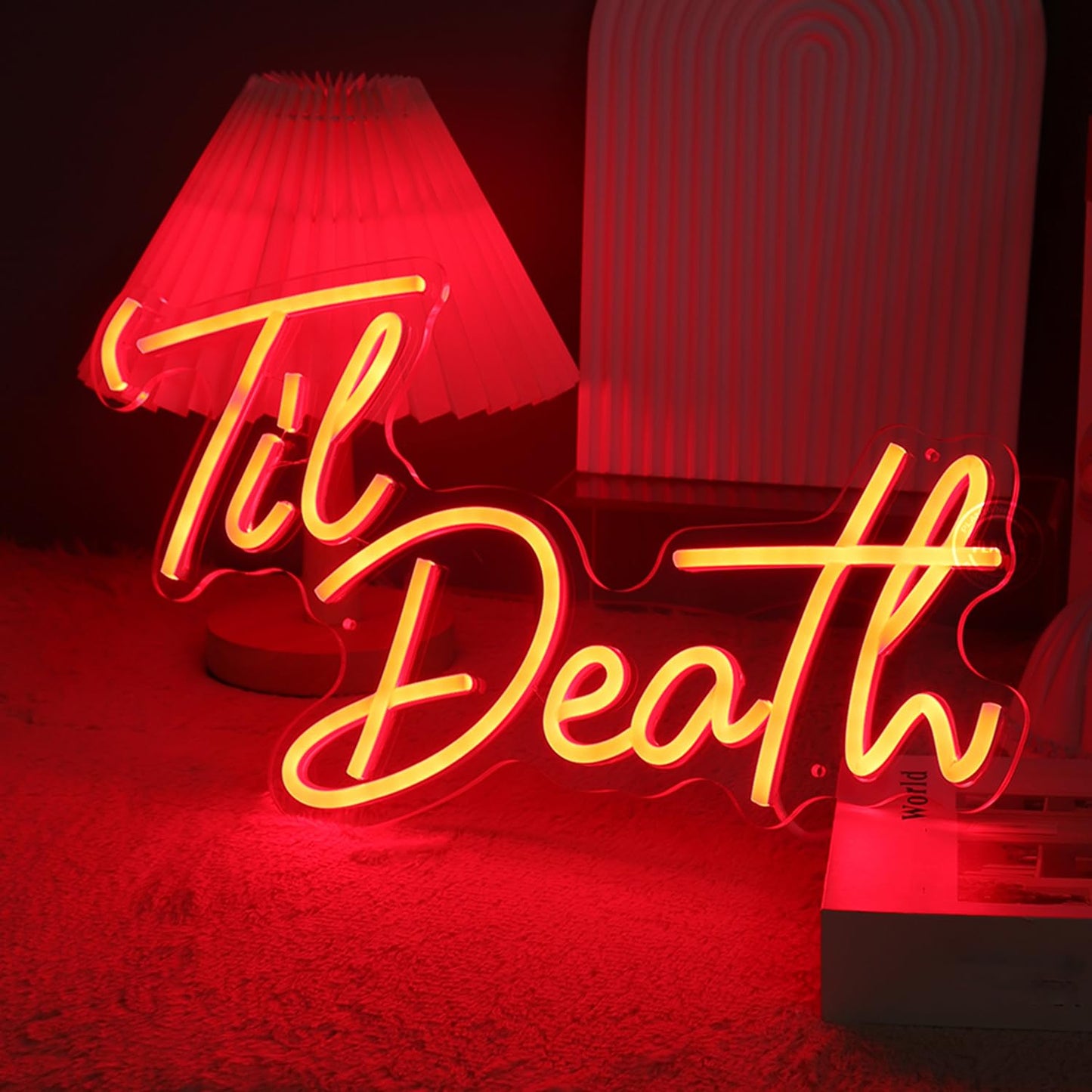 Planzo Til Death Neon Light Sign for Halloween Gothic Wedding Party Engagement Bridal Shower Banner Bedroom Wall Decor Light 5V USB Powered with Dimmer Switch 17IN Red