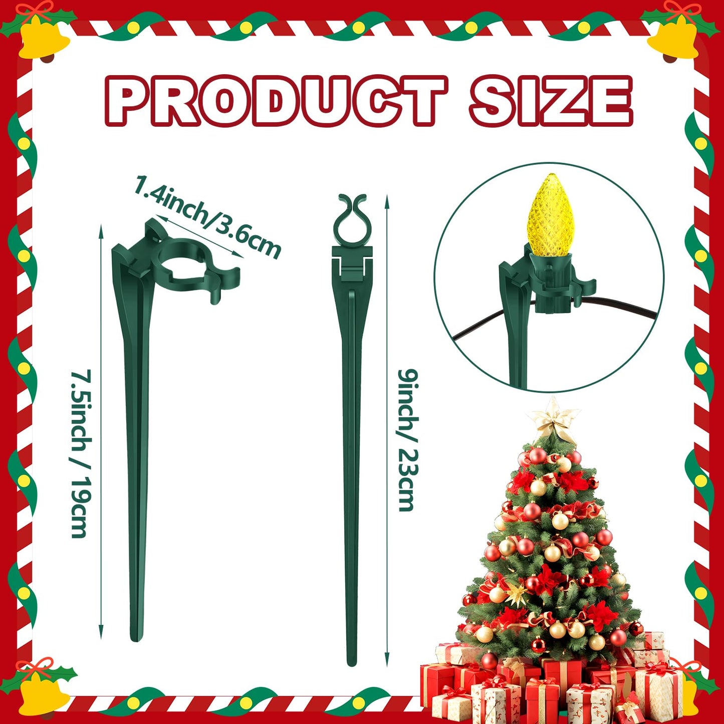 AUGSHY 100 Pack Christmas Light Stakes, 7.5 inch Yard Lawn Holiday Light Ground Stakes for C7 C9 Outside String Lights Universal Outdoor Light Holders for Christmas Decoration Lawn Path Driveway Green