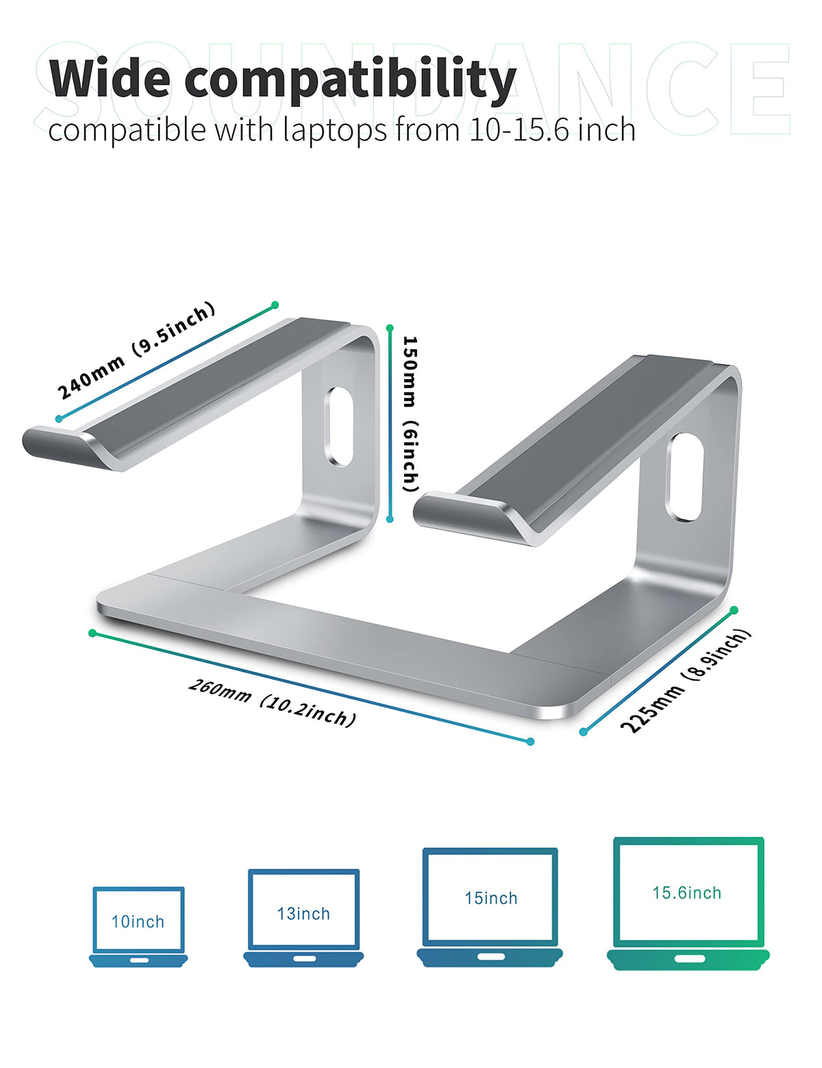 SOUNDANCE Laptop Stand, Aluminum Computer Riser, Ergonomic Laptops Elevator for Desk, Metal Holder Compatible with 10 to 15.6 Inches Notebook Computer, Silver