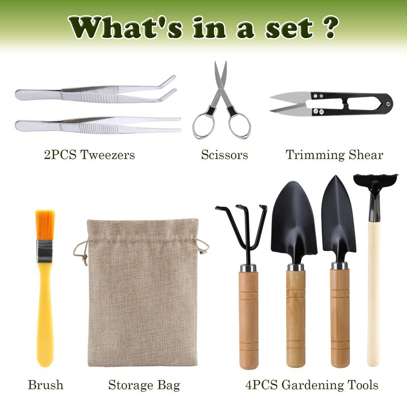 9PCS Basic Bonsai Tools Set, Bonsai Tree Kit Mini Garden Tools Includes Pruning Shears, Mini Rake, Fold Scissors and More