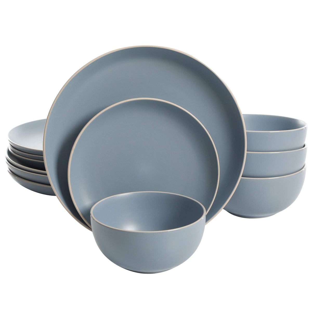 Gibson Home Queenslane 16 Piece Double Bowl Plates and Bowls Dinnerware Sets - Matte Blue