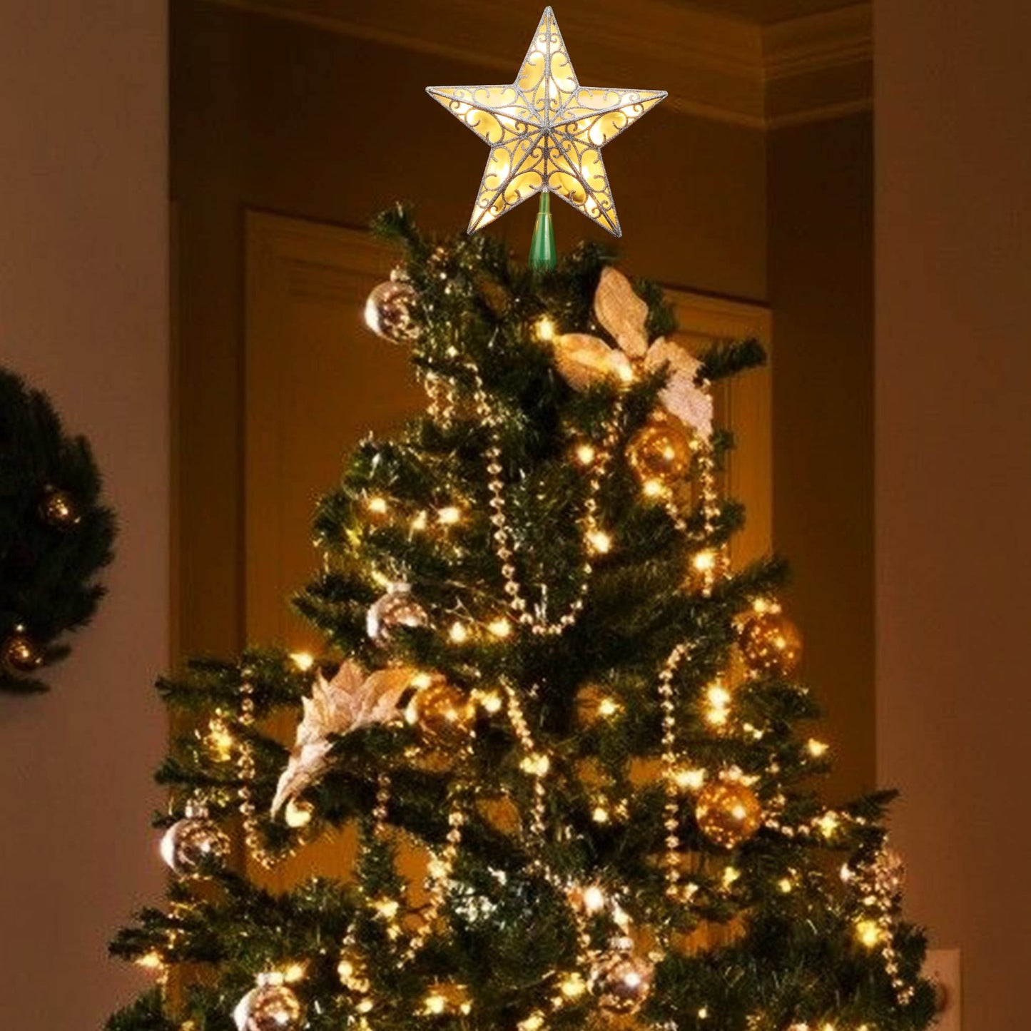 ODEETRONIC Star Christmas Tree Topper, 9.5in UL Certified 3D Star Tree Topper Lights, Double Sided Christmas Tree-top with 10 Count Incandescent Warm White Lights for Xmas Tree New Year Home, Silver