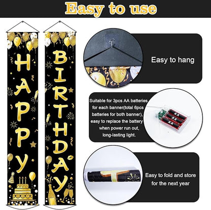 Black Gold Happy Birthday Door Banner Lighted Decorations for Men Women Happy Birthday Banner Porch Sign with LED light Party Supplies 16th 18th 30th 40th 50th 60th Party Decoration
