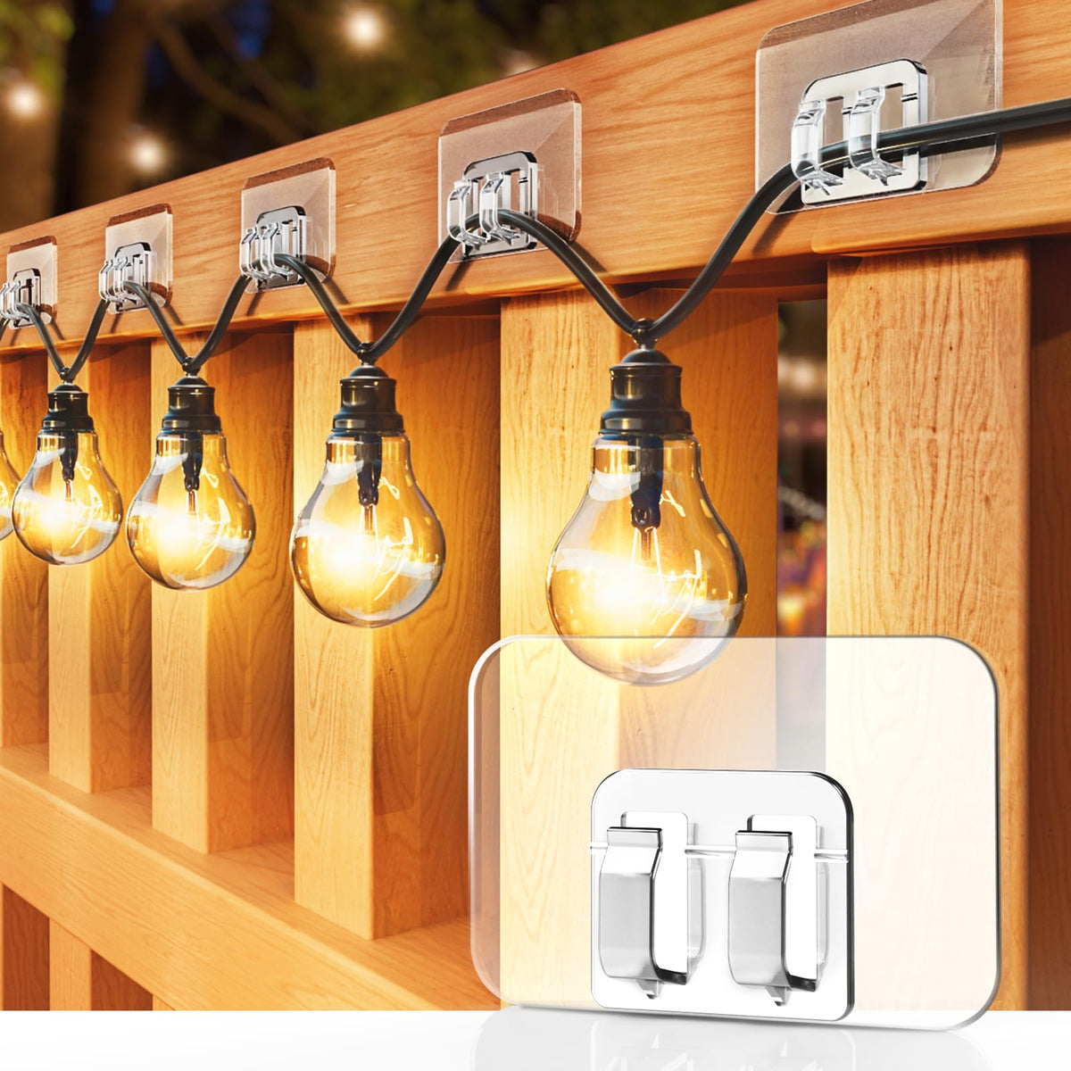 Galetcy Hooks for Outdoor String Lights - 100 Pack with Adhesive Strips - No Damage, No Tools, No Holes, Waterproof and UV-Resistant, Perfect for Christmas and Patio Decor