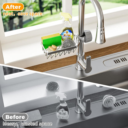 LONIN Sponge Holder Over Faucet Kitchen Sink Caddy Organizer, Stainless Steel Detachable Hanging Faucet Drain Rack for Bathroom, Scrubbers, Soap, Chrome