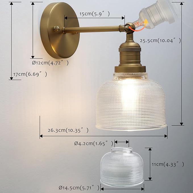 Pathson Vintage Wall Sconce Lamp with Clear Glass, Adjustable Hardwired Wall Vanity Light for Bathroom Living Room Farmhouse Bedside Lighting