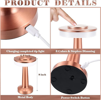 VIHOSE 8 Pcs 8 Pcs Cordless Table Lamps LED Portable Rechargeable Table Lamp with Touch Sensor 3 Color Dimming up to 15 Hours Battery Desk Light for Restaurant Nursery Living Room (Rose Gold)