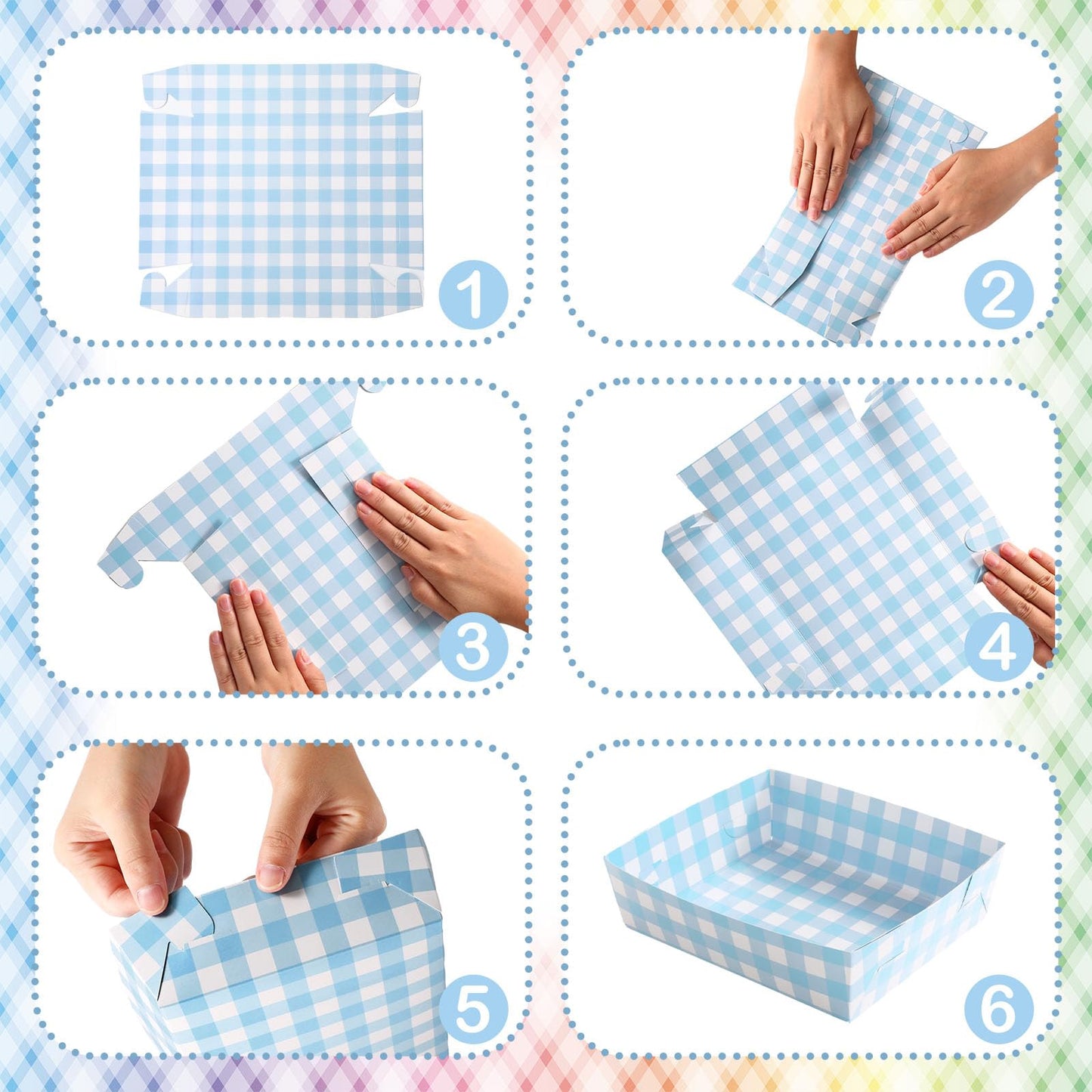 Suclain 48 Pack Light Blue and White Gingham Paper Trays 5 lb Grease Resistant Large Snack Serving Trays Disposable Food Boats for Christmas Party Baby Shower Supplies