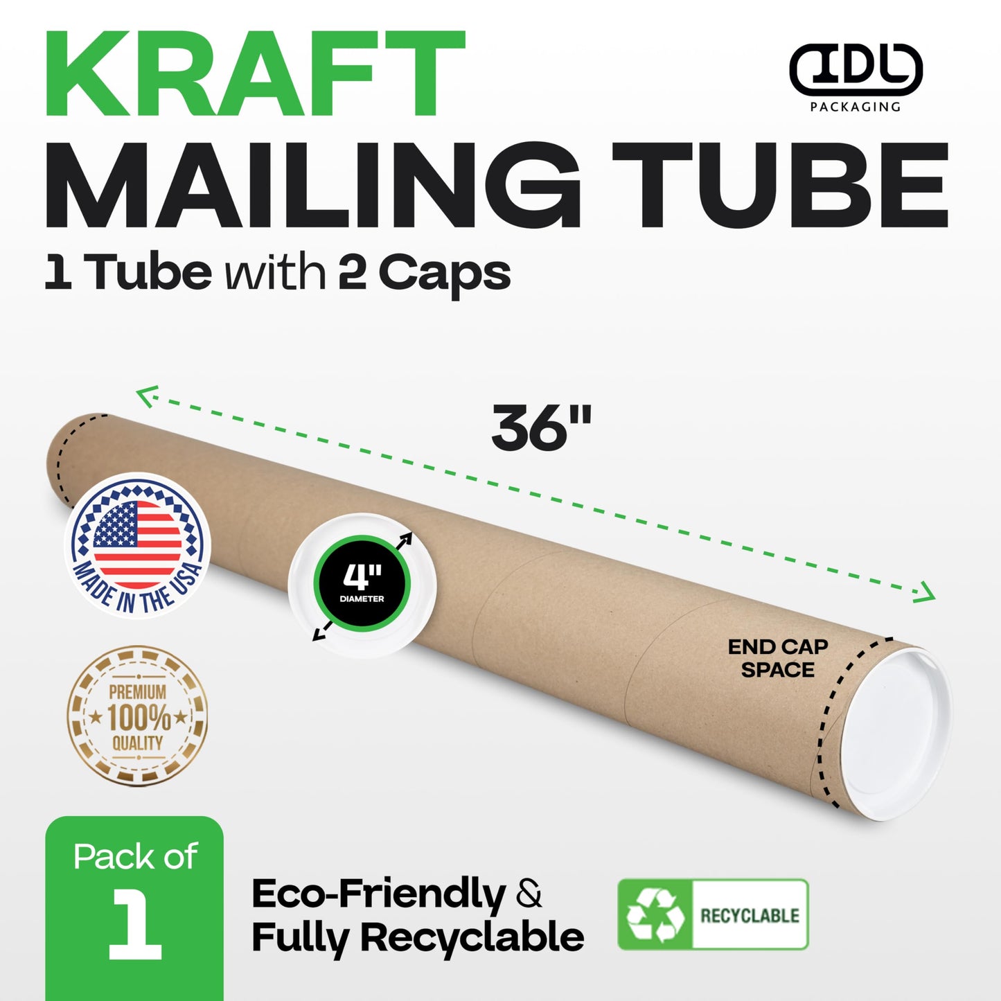 Cardboard Mailing Tube, 4" x 36" with Plastic Caps - USA-Made USPS Approved Poster Tube for Documents & Blueprints - Reinforced Mailing Cylinders for Shipping & Storage by IDL Packaging