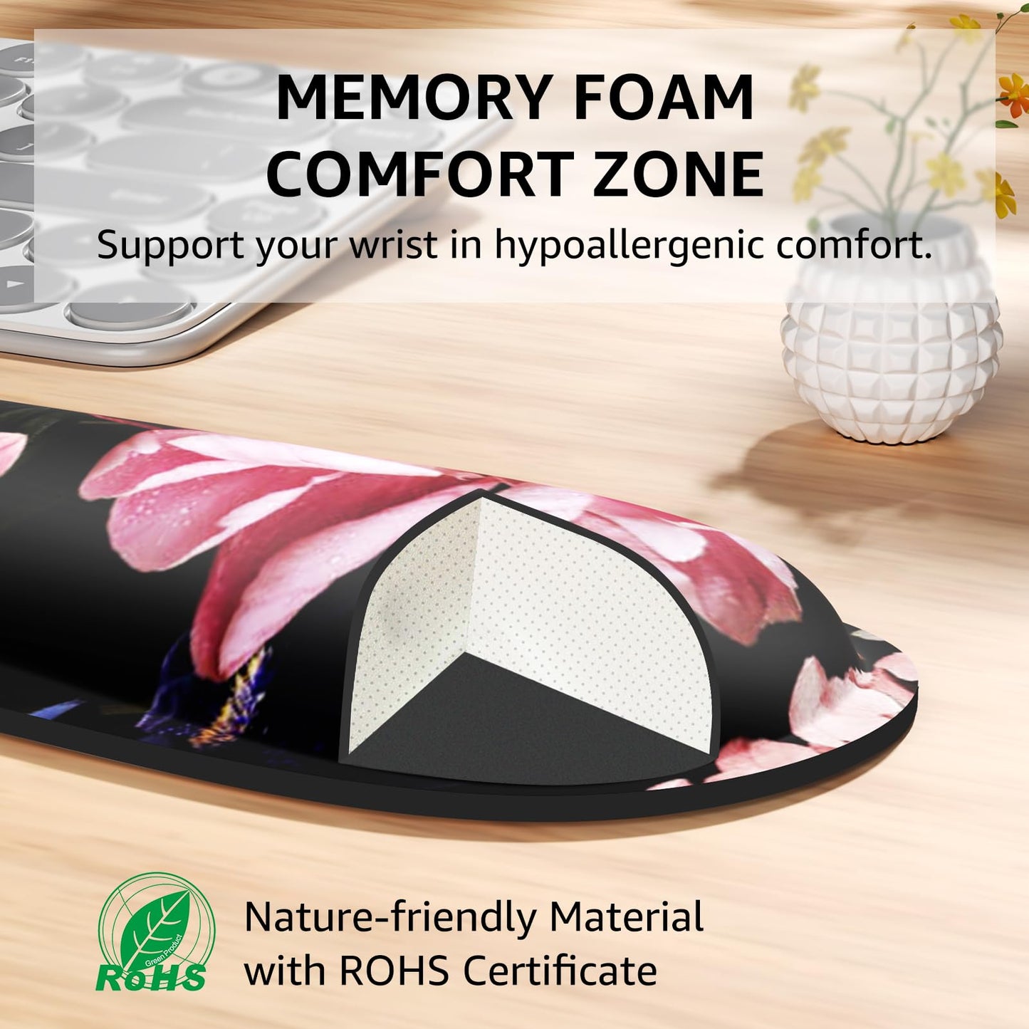 KTRIO Ergonomic Keyboard Wrist Rest and Mouse Pad with Wrist Rest Set, Memory Foam Wrist Support for Typing, Gaming, Office and Home Use, Pale Pink, Peony Flower
