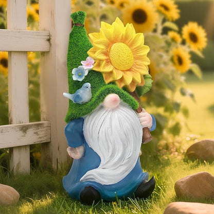 Solar Gnome with Glowing Sunflower Light,Weatherproof Resin Garden Figurine Decor Auto On/Off - Fairytale Statue Gift for Patio,Yard