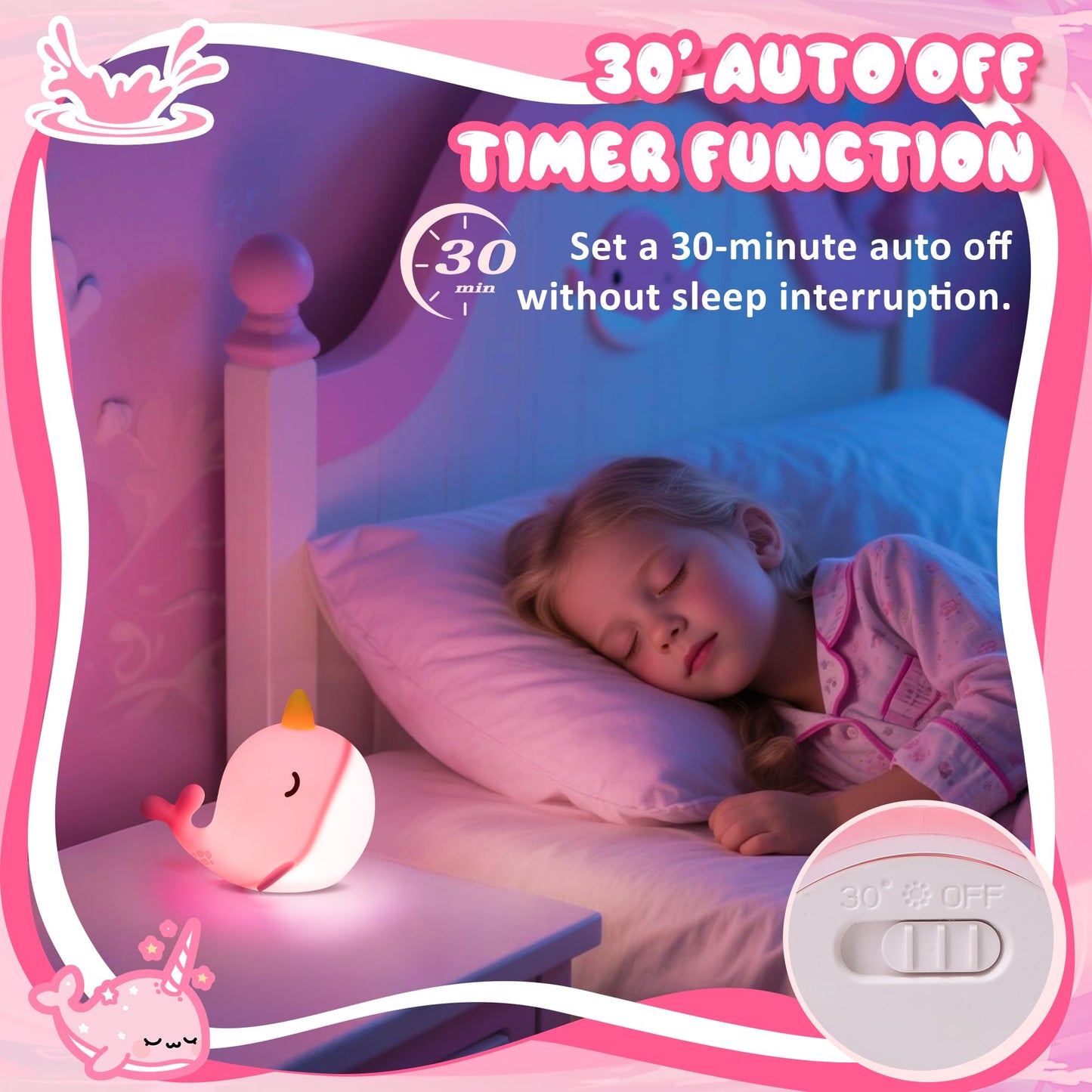 Ammonite Pink Narwhal Night Light, Soft Silicone Whale Nursery Lamp with 3 Dimming Levels and 30-Minute Timer, Touch Control Nightlight for Bedroom Decor, Christmas Birthday Gift