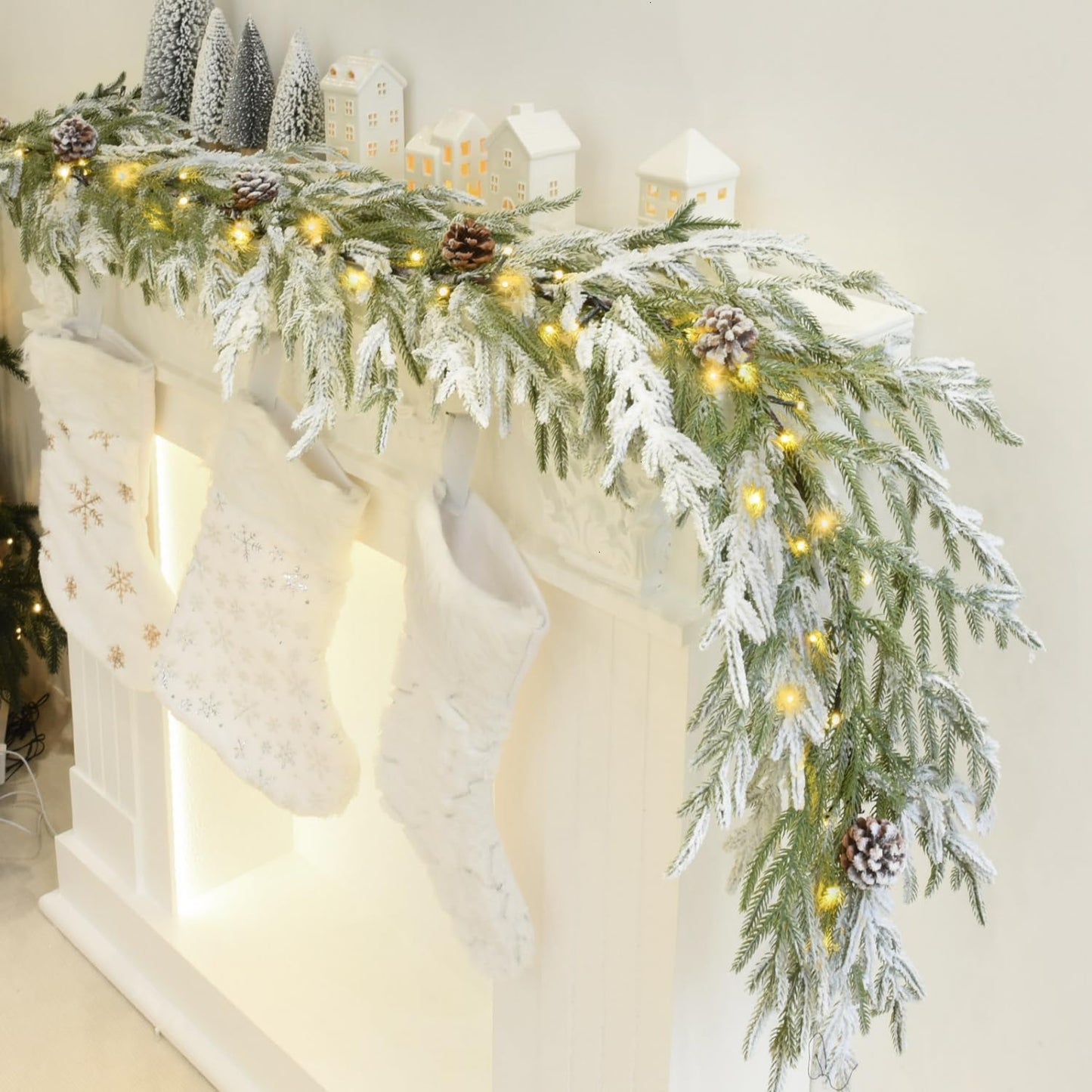 YoleShy 6FT Real Touch Norfolk Pine Garland Christmas Garland with Pinecone and White Snow Battery Operated Prelit Garland Christmas Decorations for Mantle Fireplace Xmas Home Decor