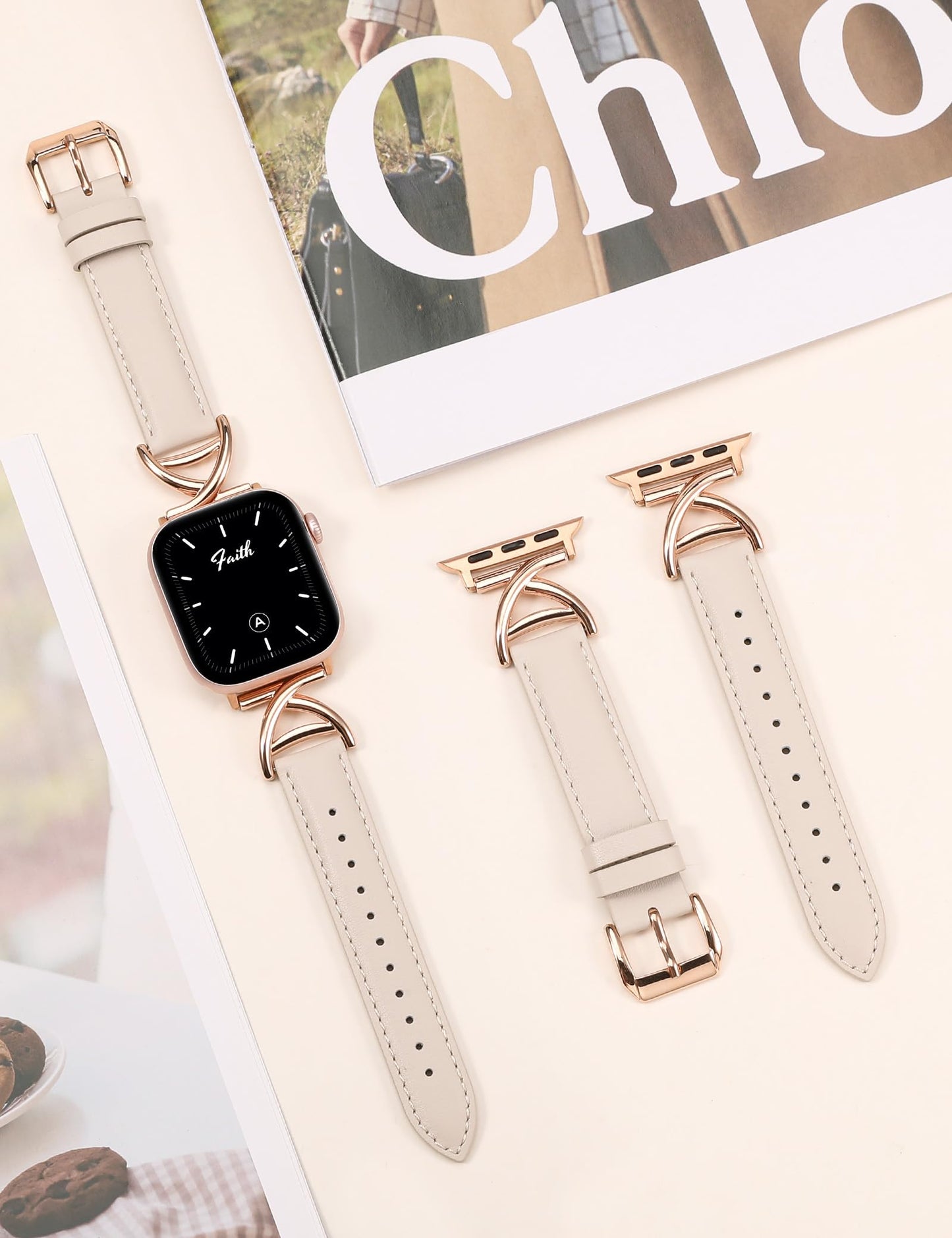 Minyee Leather Band Compatible with Apple Watch Bands 38/40/41/42mm Women,Dressy Premium Leather Strap with A-Shape Metal Buckle for iWatch Series 11 10 9 8 7 6 5 4 SE/Ultra 3 2 1,Starlight/Rose Gold