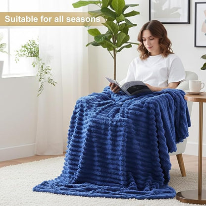 decorUhome Soft Fleece Navy Blue Throw Blanket for Couch, Cozy Fluffy Plush Flannel Striped Blanket for Sofa Bed, Lightweight Decorative Ribbed Fuzzy Blanket for Woman, 50x60 Inches