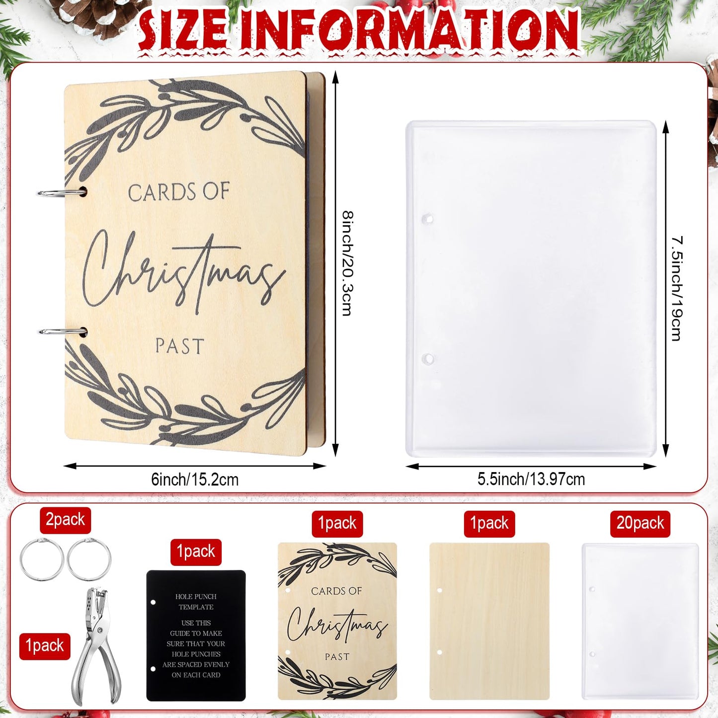 Hoolerry Christmas Wood Card Organizer Set Christmas Card Holder Include a 6 x 8 Cards Organizer a Hole Punch a Print Template 20 Protectors for Holiday Greeting Storage Gift (Classic)
