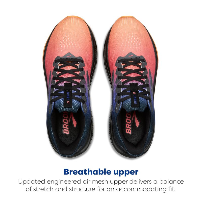 Brooks Women’s Ghost 17 Neutral Running Shoe - Night/Blue/Papaya - 9 Medium
