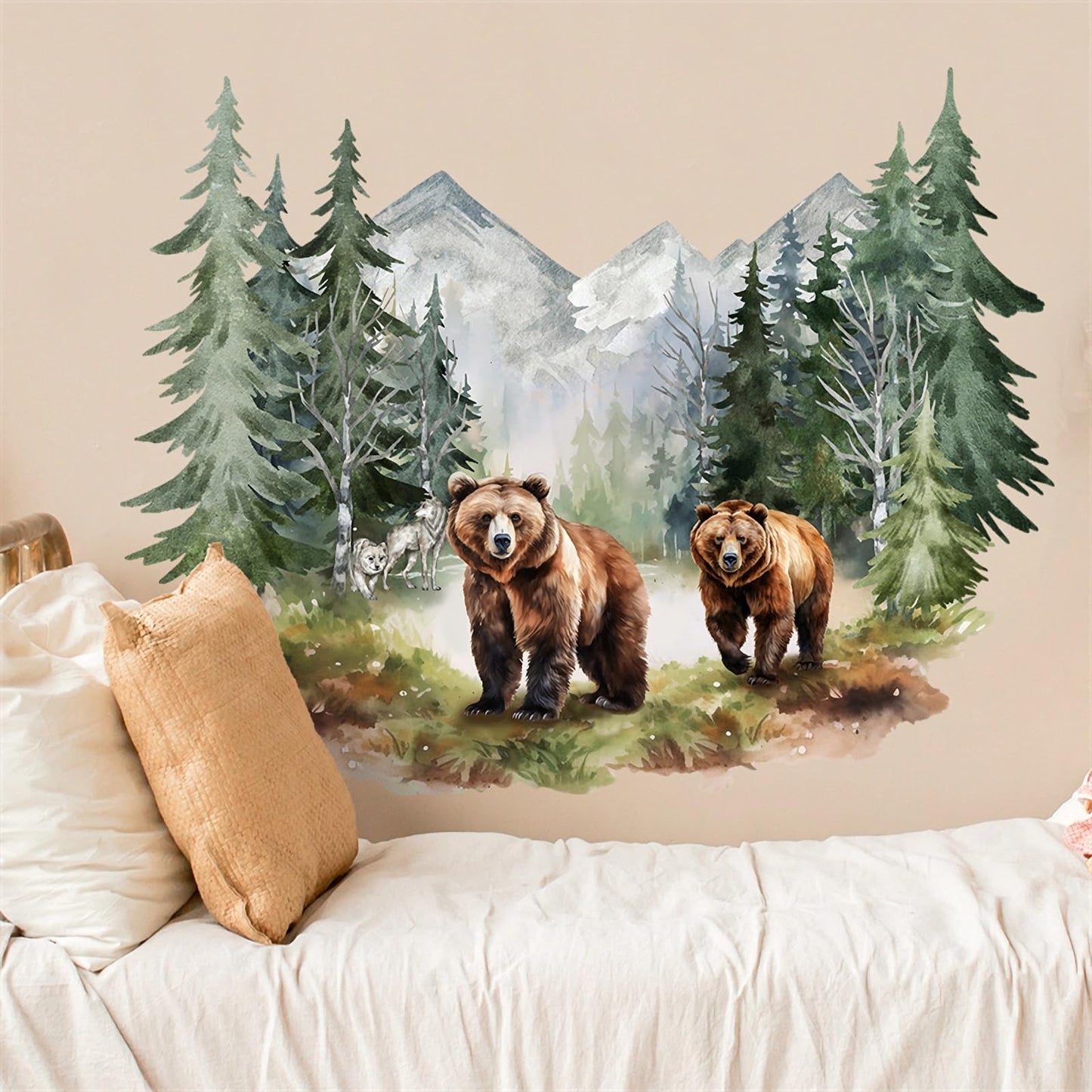Brown Bear Dream Forest Wall Stickers, sacinora Wild Jungle Animal Wall Decals Removable Vinyl Peel and Stick for Living Room Bedroom Nursery Sofa TV Background Art Decorations