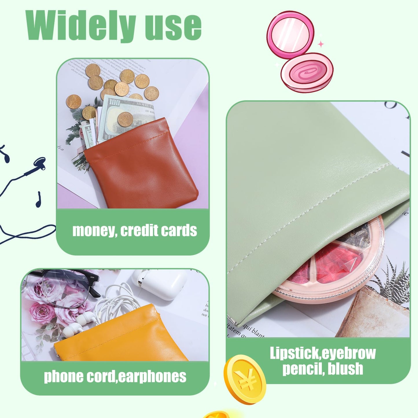 Leooomap 30 Pcs Leather Squeeze Coin Purse Pouch, Small Coin Purse Bulk, Mini Make Up Bag Set, Waterproof Self-Closing Mini Cosmetic Bag for Women, 10 Colors PU Pocket Organizer for Jewelry Lipstick