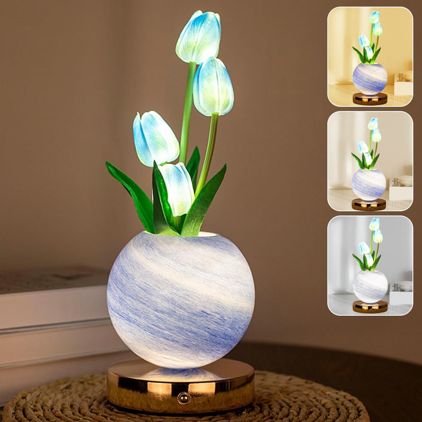 Strackvial Tulip Table Lamp, Rechargeable Cordless Touch Dimming Artificial Tulip Flower Desk Lamp, LED Flower Bedside Night Light Romantic Gifts for Girl Women Mom (Blue)