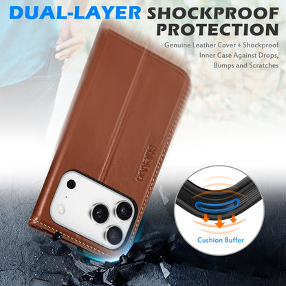 SHIELDON Genuine Leather Wallet Case for iPhone 17 Pro Max 6.9-inch 2025 | Flip | Magnetic Cover | RFID Blocking Credit Card Holder | Kickstand | Shock-Absorbent Case | Retro Brown