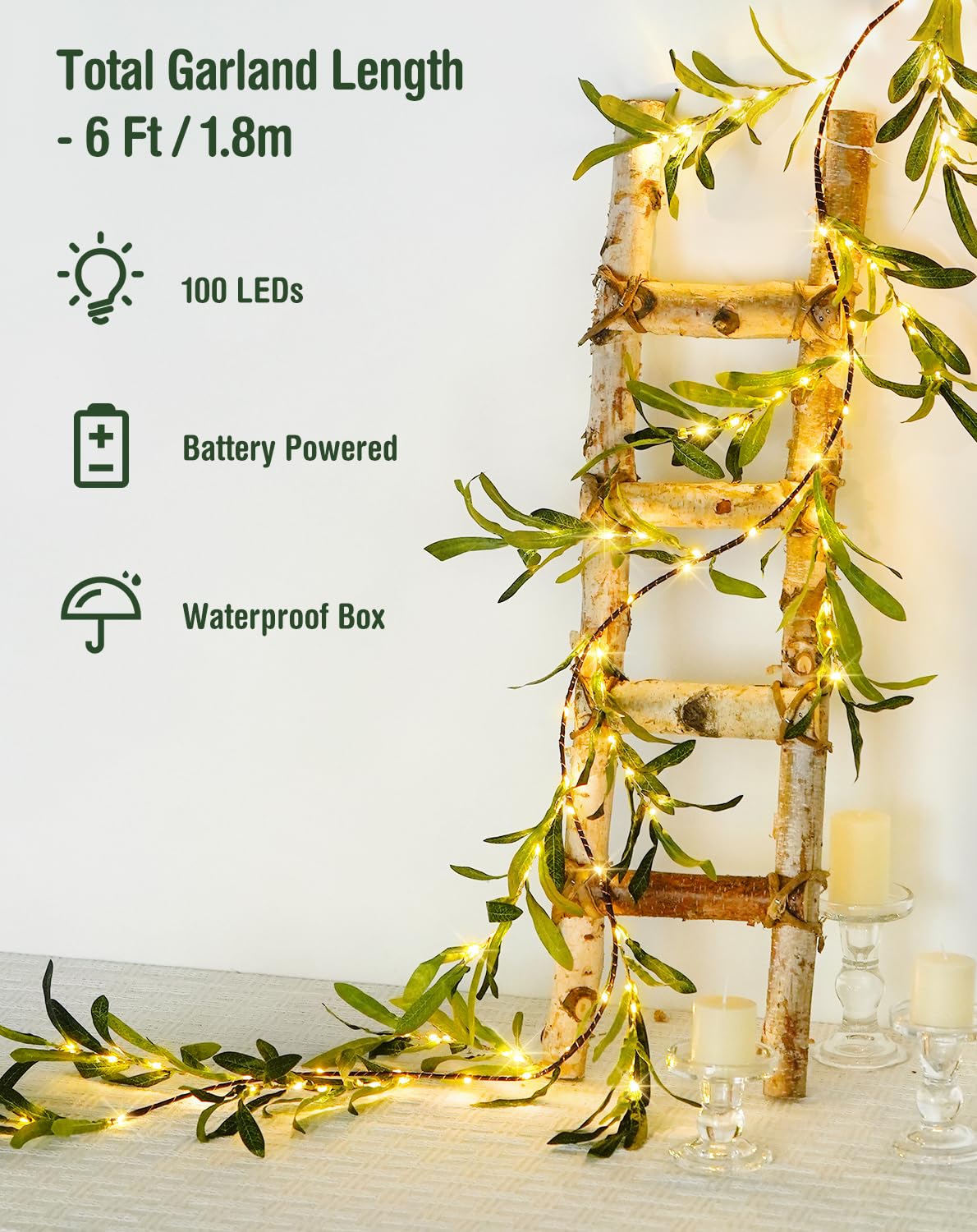 JMEXSUSS Artificial Olive Lighted Garland for Fireplace Decor, 100 LED 6 Ft Christmas Mantel Garland Fairy Lights Battery Operated, Vines with Lights for Table Bedroom Wedding Easter Spring Decoration