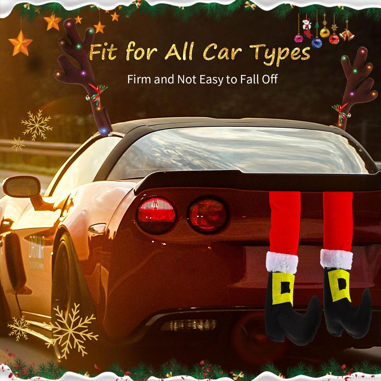 Frienda 2 Pcs Car Reindeer Antler Kit Christmas Decorations with LED Lights Hanging Santa Claus Legs and Deer Nose Star Candy Canes Auto Accessories for Christmas Car Decorations (Cute Style)