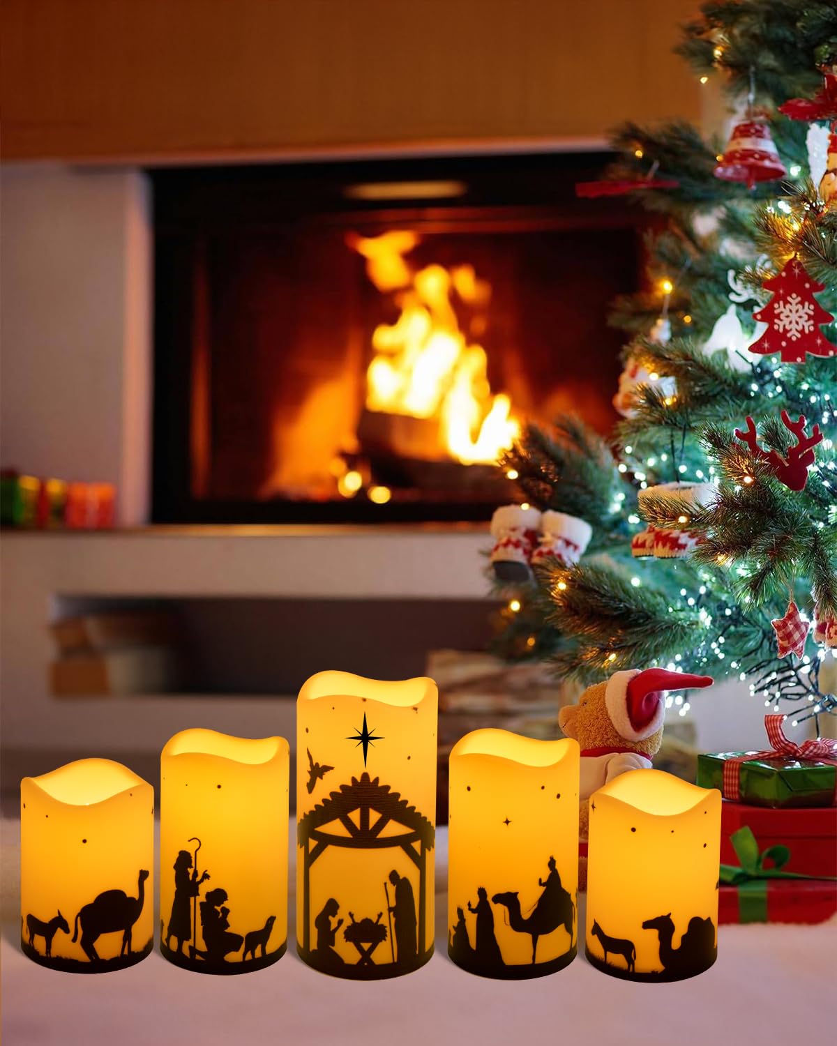 Glflickerow Christmas Nativity Scene Decorations Candle LED Flameless Candles with Timer for Xmas Holiday Home Decor Supplies Set of 5 (Beige)