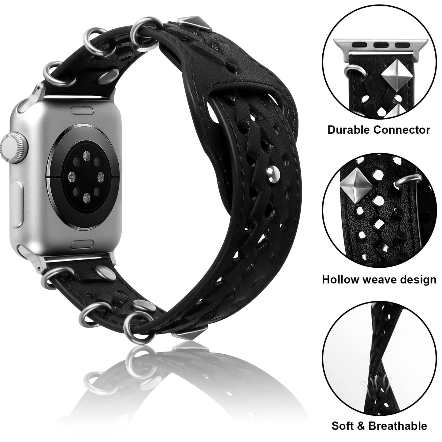 VIQIV Leather Band Compatible with Apple Watch Ultra Band 44mm 45mm 49mm 42mm for Women Men, Hollow-out Woven Rivets Bracelet Designer Wristbands Smartwatch Strap for iWatch Series SE 8 7 6 5 4 3 2