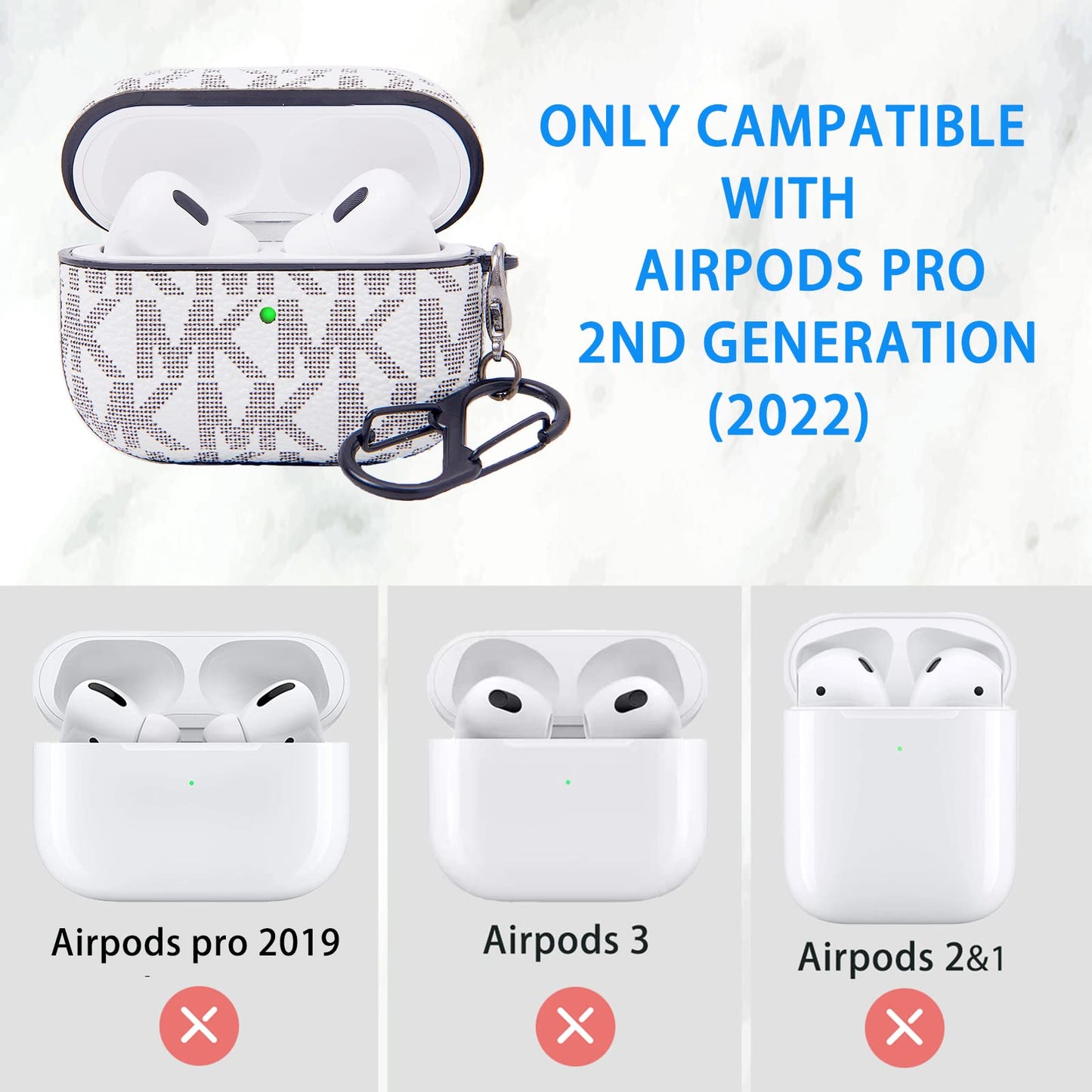 TANGABA for AirPods Pro 2nd Generation Case(2022), Full-Body Protective Leather Airpods Pro 2 Protective Cover with Keychain for AirPods Pro Wireless Charging Case, Front LED Visible-White