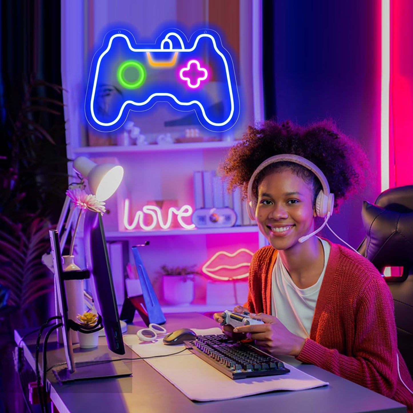 KENFARI Gamer Neon Sign, Gamepad Shaped LED Neon Sign for Gamer Room Decor, Game Neon Light for Teen Boy Room Decor, Best Gamer Gifts for Boys, Kids